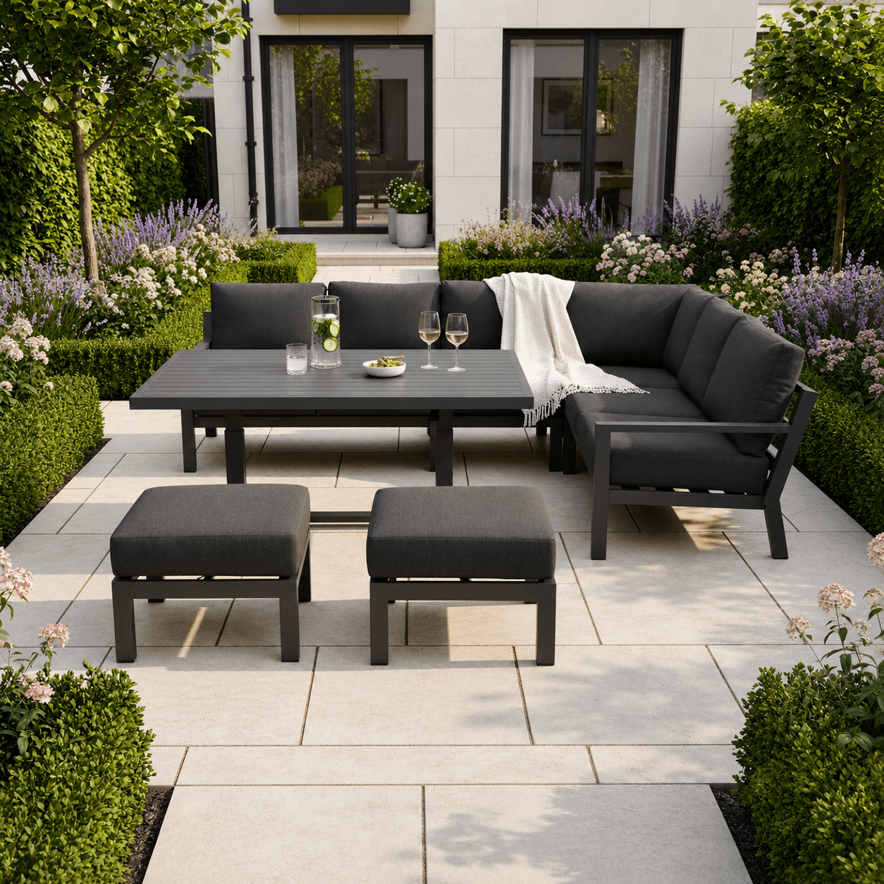 L Corner Sofa Set with 2 Stools & Piston Height Adjustable Table