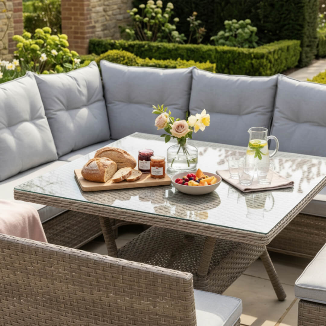 Curve Corner Sofa Set with 2 High Back Benches & Standard Dining Table