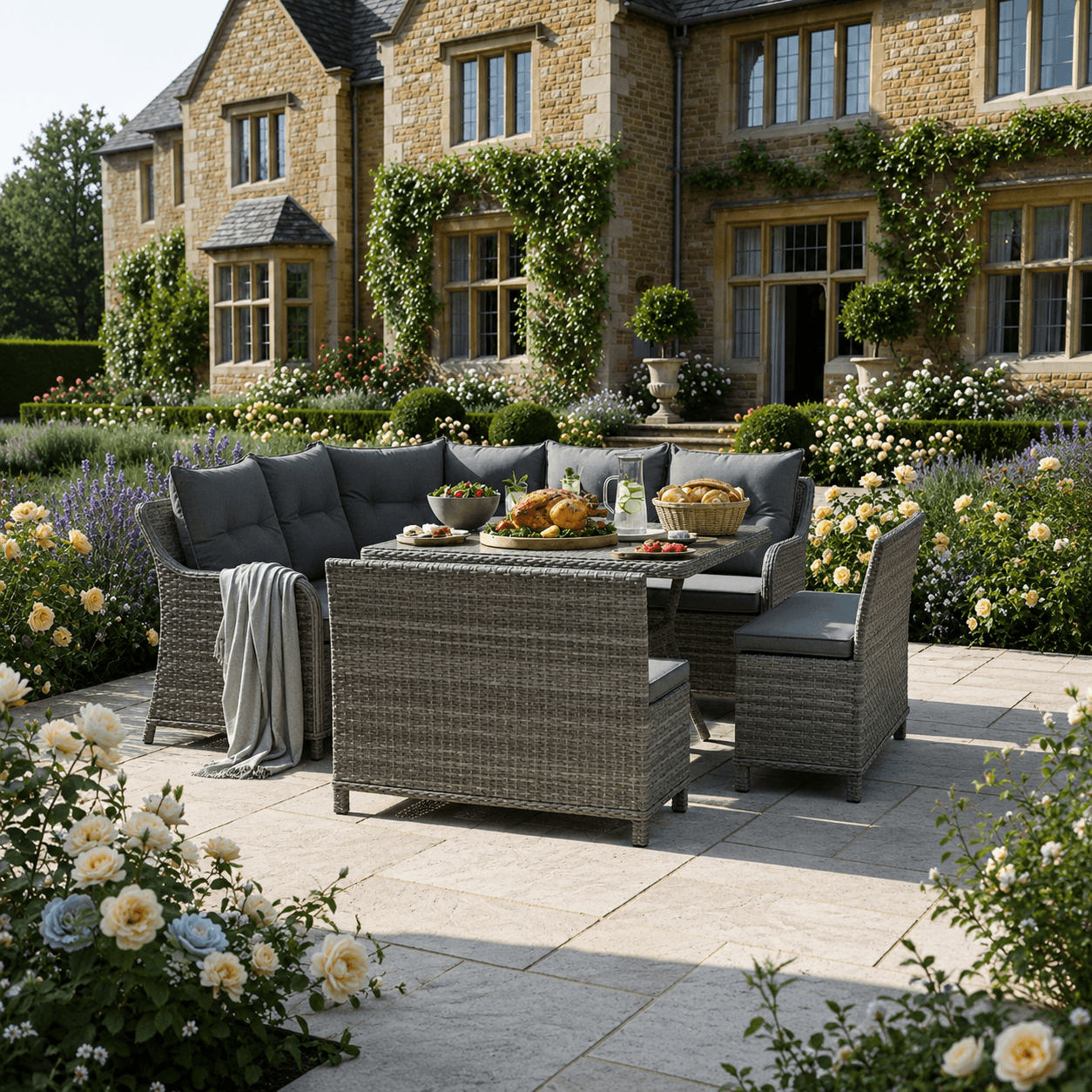 Curve Corner Sofa Set with 2 High Back Benches & Standard Dining Table