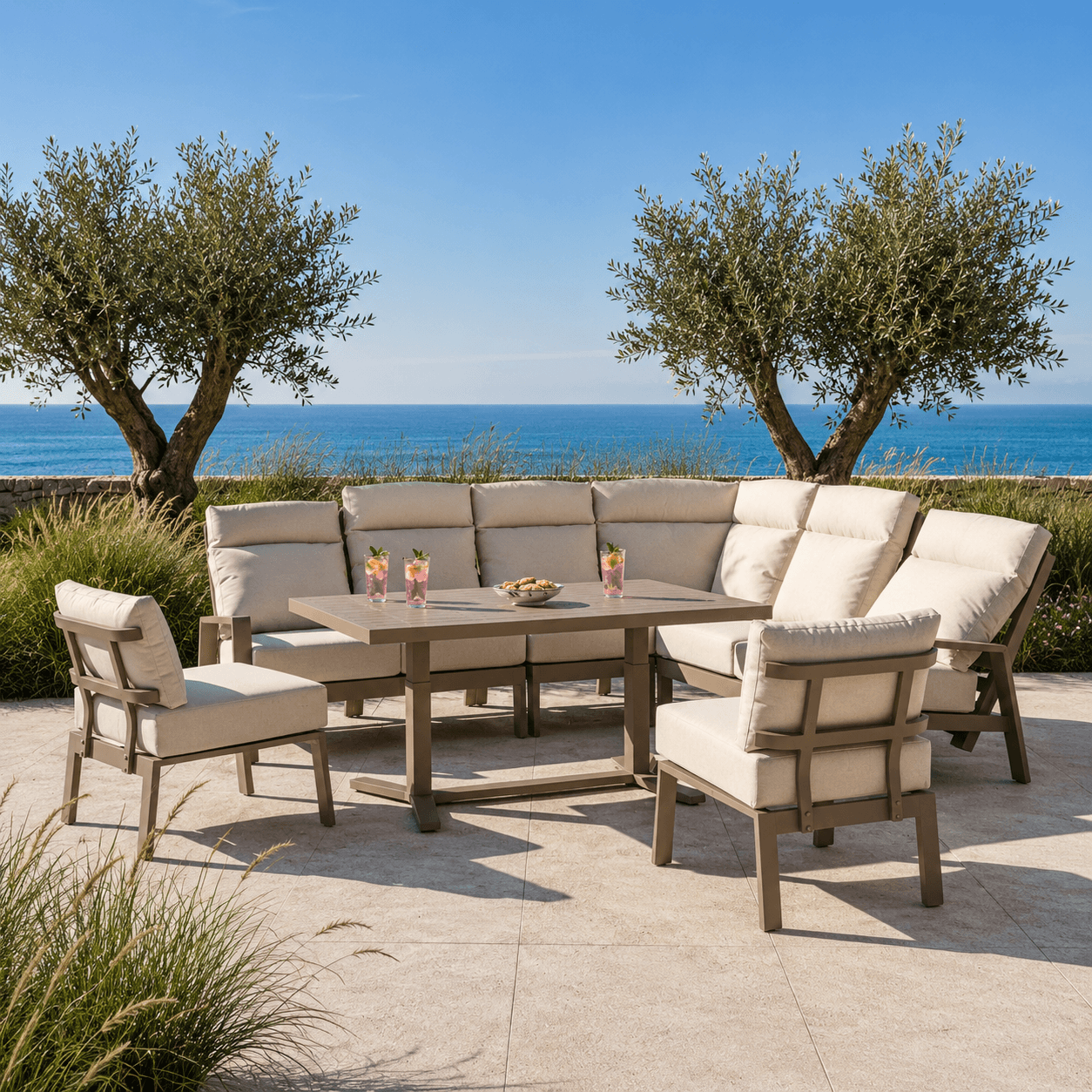 Reclining L Corner Sofa Set with 2 Stools & Piston Height Adjustable Table