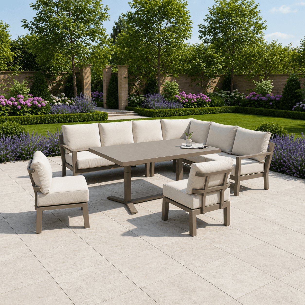 L Corner Sofa Set with 2 Stools, Piston Height Adjustable Table