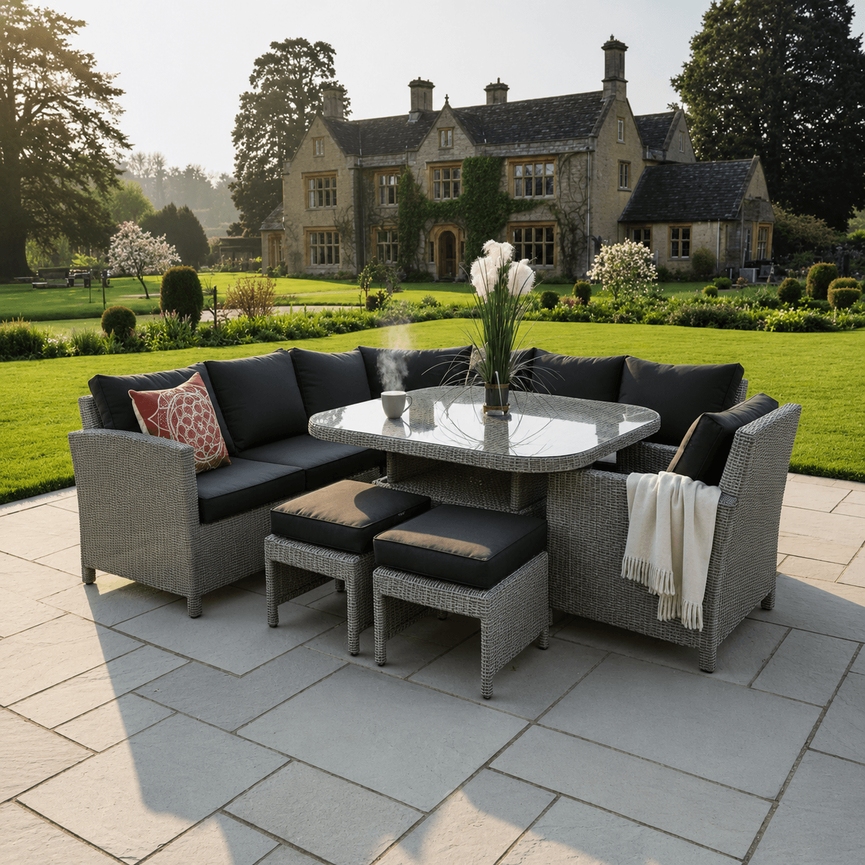Curved Corner Sofa Set with Armchair, 2 Stools & Height Adjustable Table