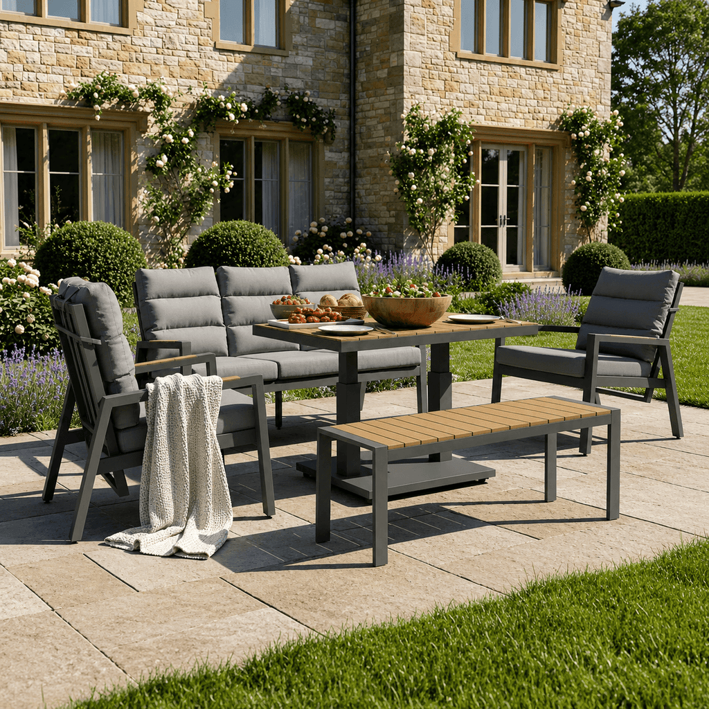 Reclining 3-Seater Sofa Set, 2 Reclining Armchairs, 1 Bench & Piston Height Adjustable Table