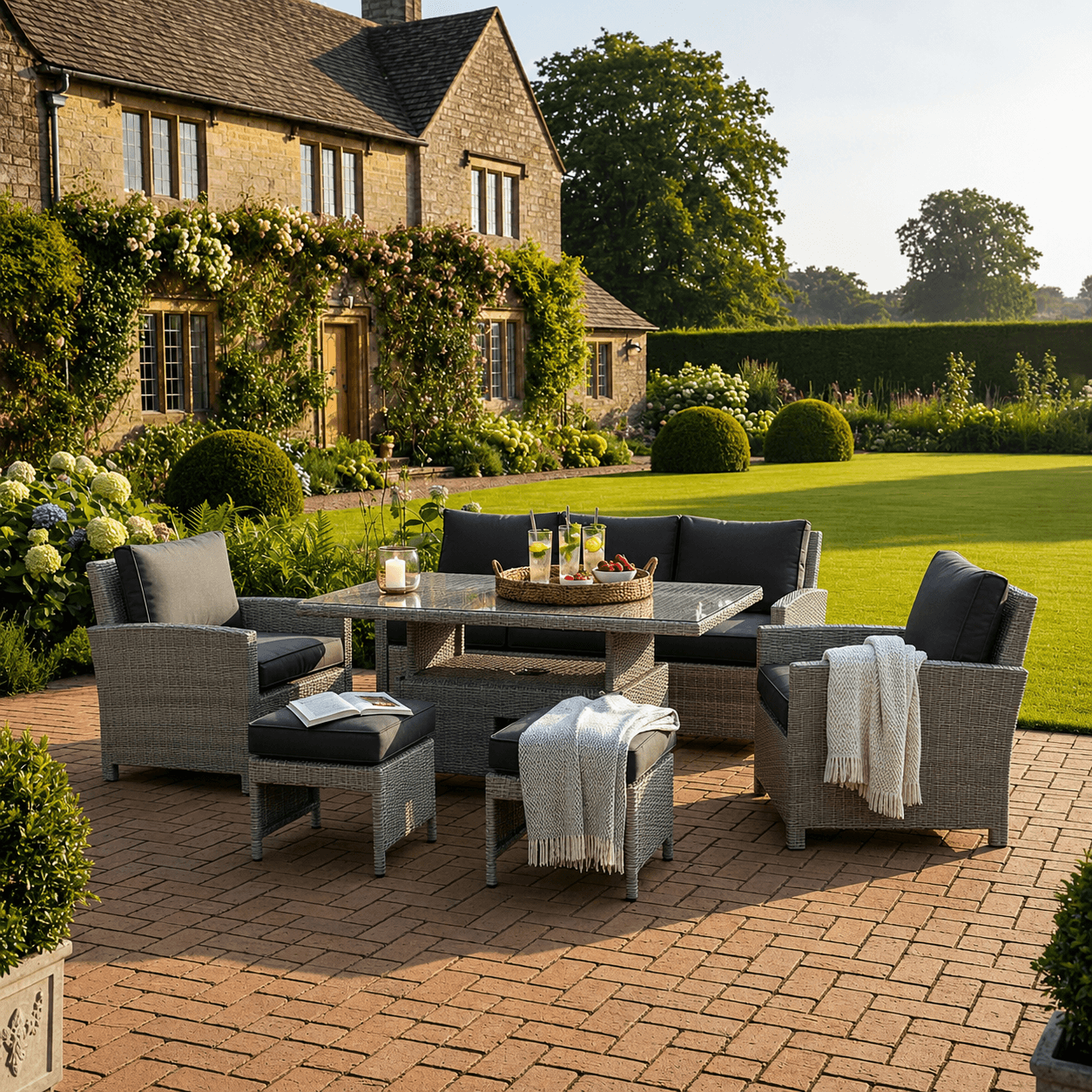 3-Seater Sofa Set with 2 Armchairs, 2 Stools & Height Adjustable Table