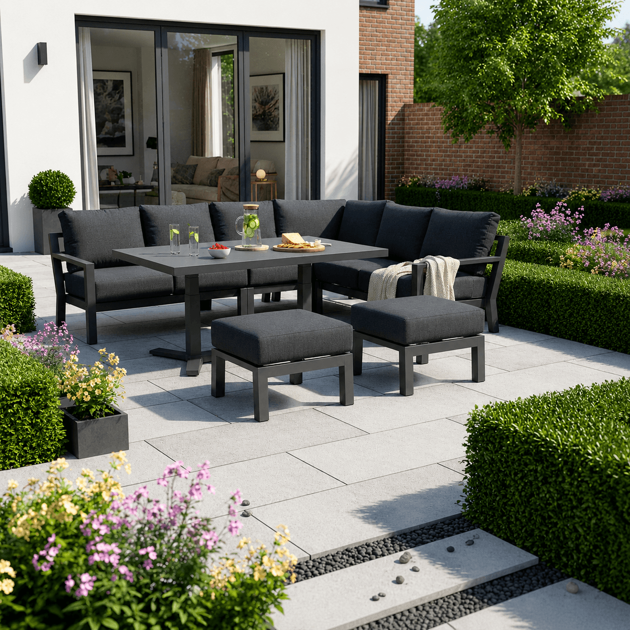 L Corner Sofa Set with 2 Stools & Piston Height Adjustable Table