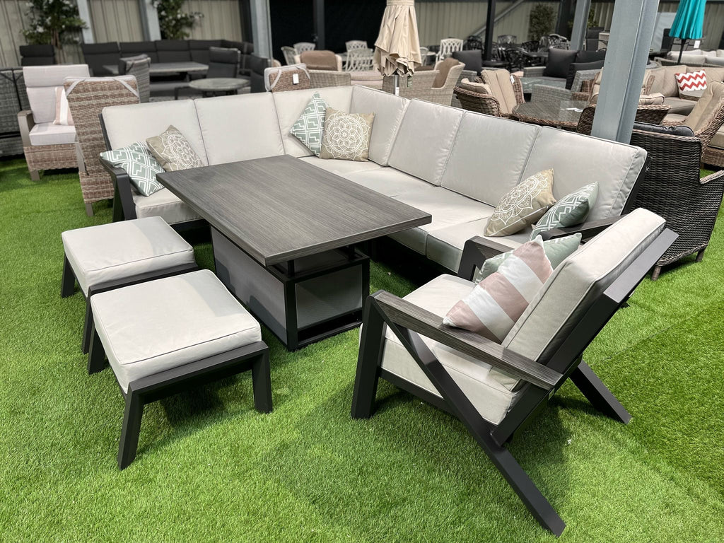L Corner Sofa Set with Armchair & 2 Stools, Height Adjustable Table