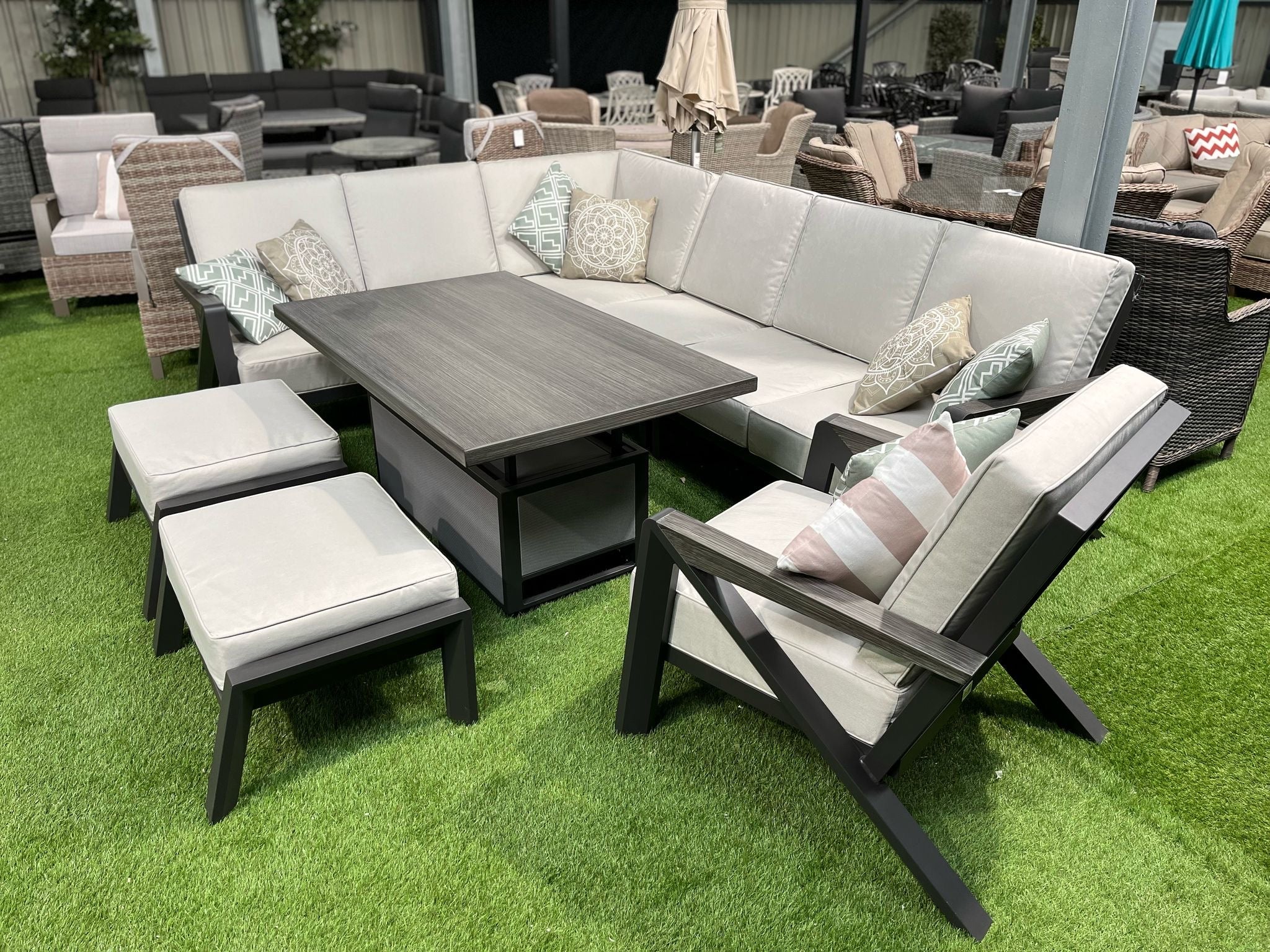 L Corner Sofa Set with Armchair & 2 Stools, Height Adjustable Table