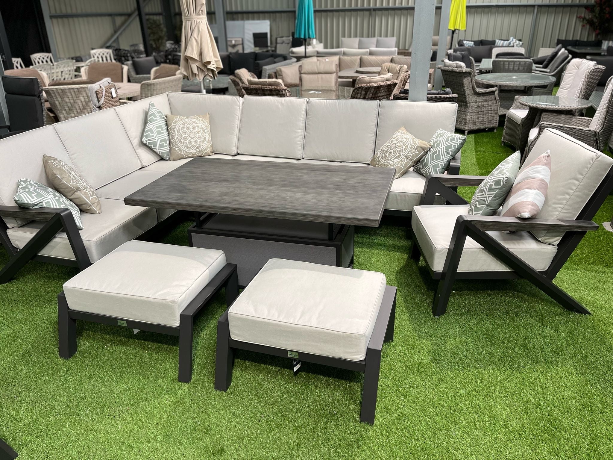 L Corner Sofa Set with Armchair & 2 Stools, Height Adjustable Table