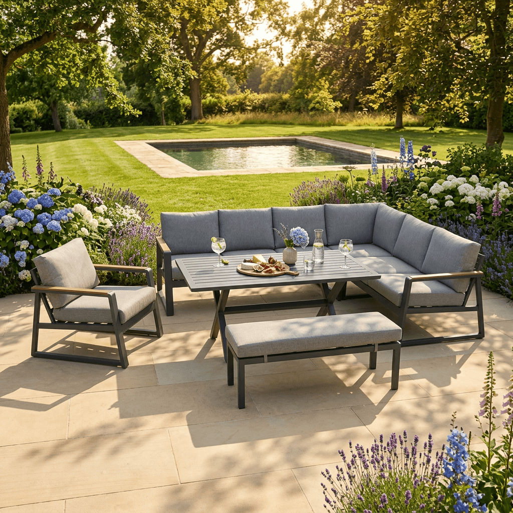 L Corner Sofa Set withArmchair, Bench & X-leg Dining Table