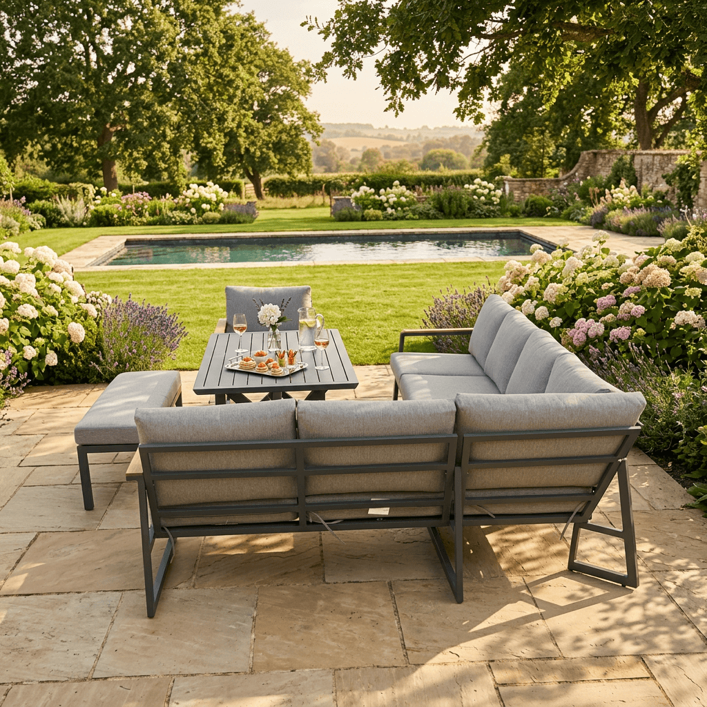 L Corner Sofa Set withArmchair, Bench & X-leg Dining Table