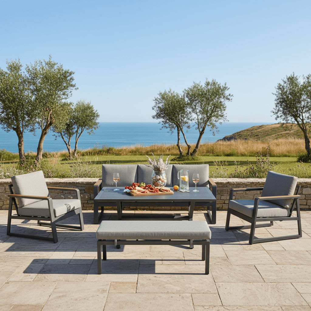 3-Seater Sofa Set with 2 Armchairs, Bench & X-Leg Dining Table