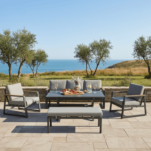 3-Seater Sofa Set with 2 Armchairs, Bench & X-Leg Dining Table