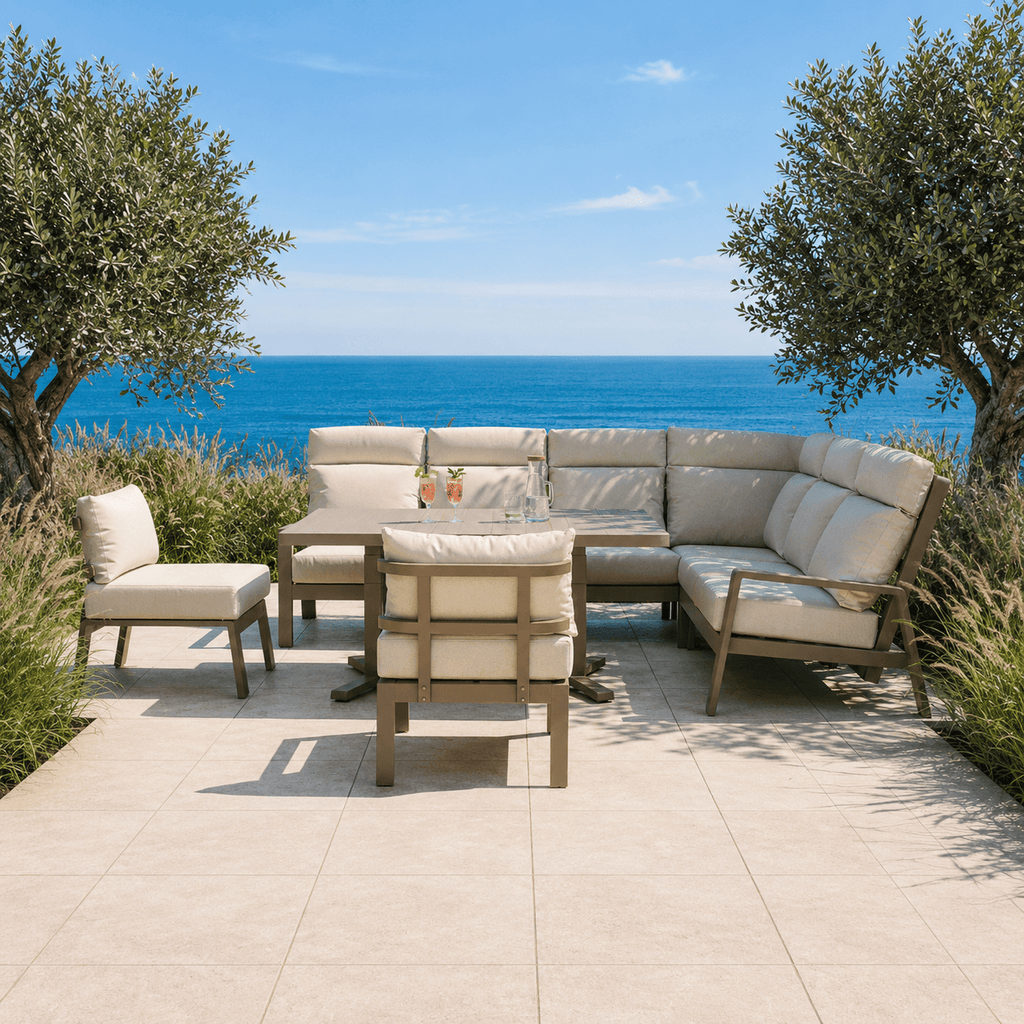 Reclining L Corner Sofa Set with 2 Stools & Piston Height Adjustable Table