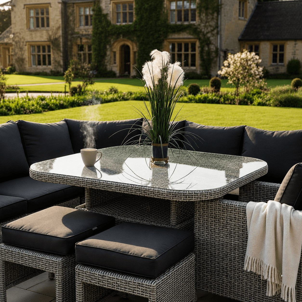 Curved Corner Sofa Set with Armchair, 2 Stools & Height Adjustable Table
