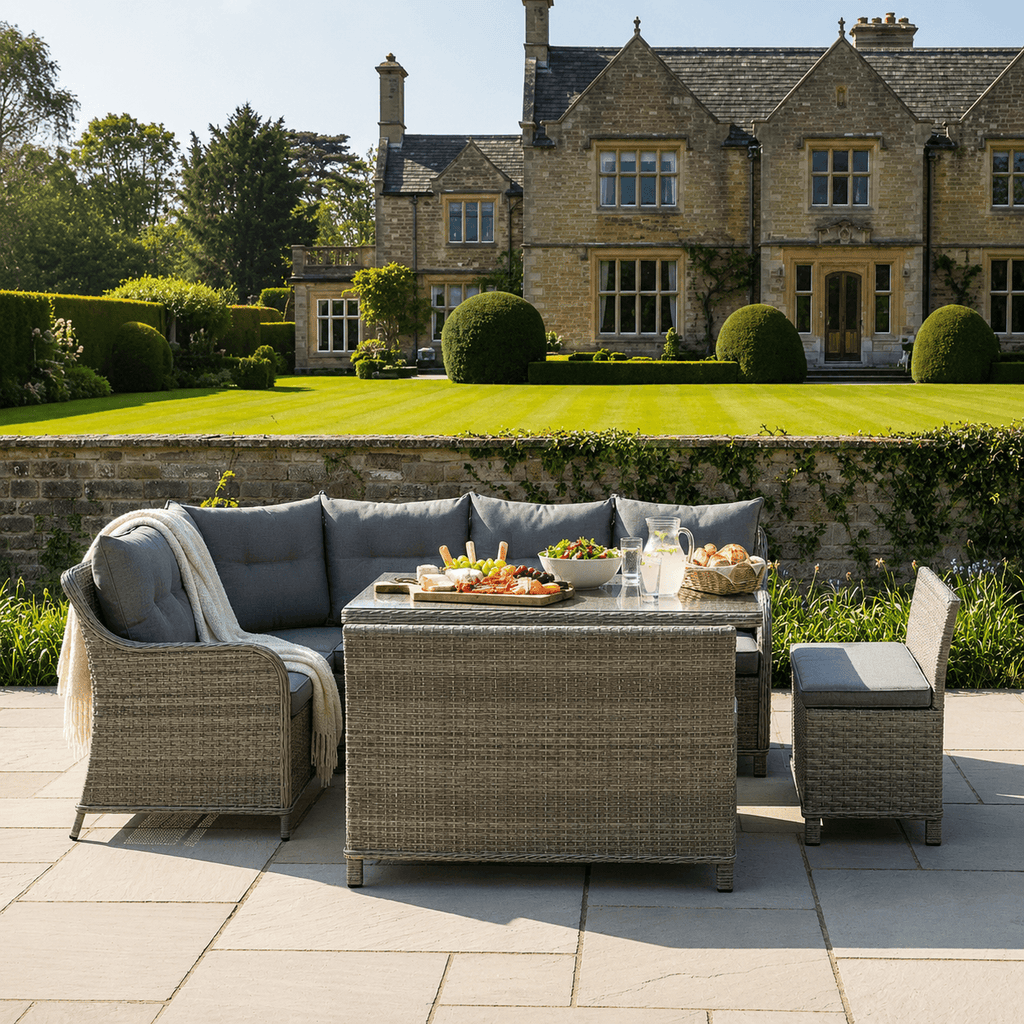 Curve Corner Sofa Set with 2 High Back Benches & Standard Dining Table