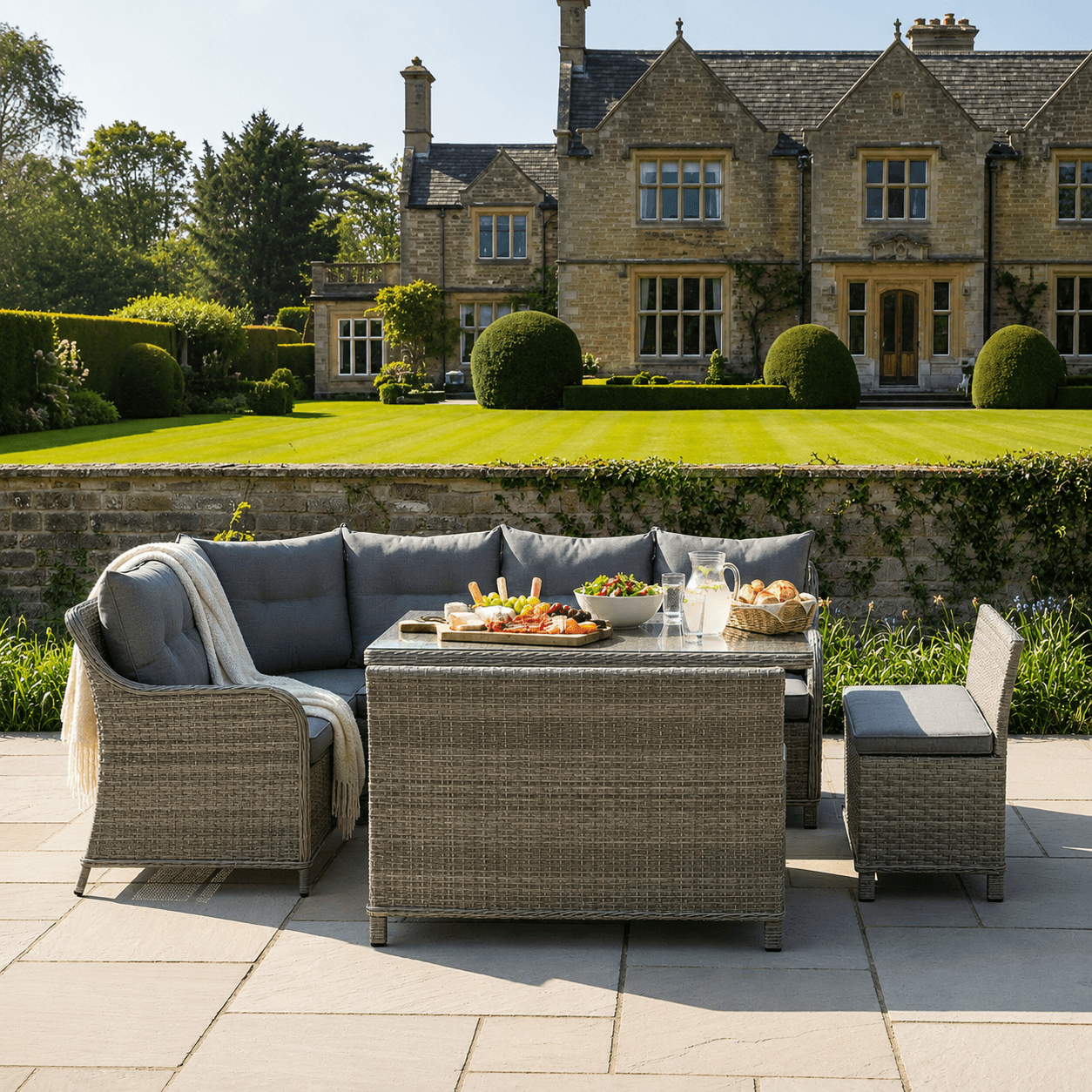 Curve Corner Sofa Set with 2 High Back Benches & Standard Dining Table