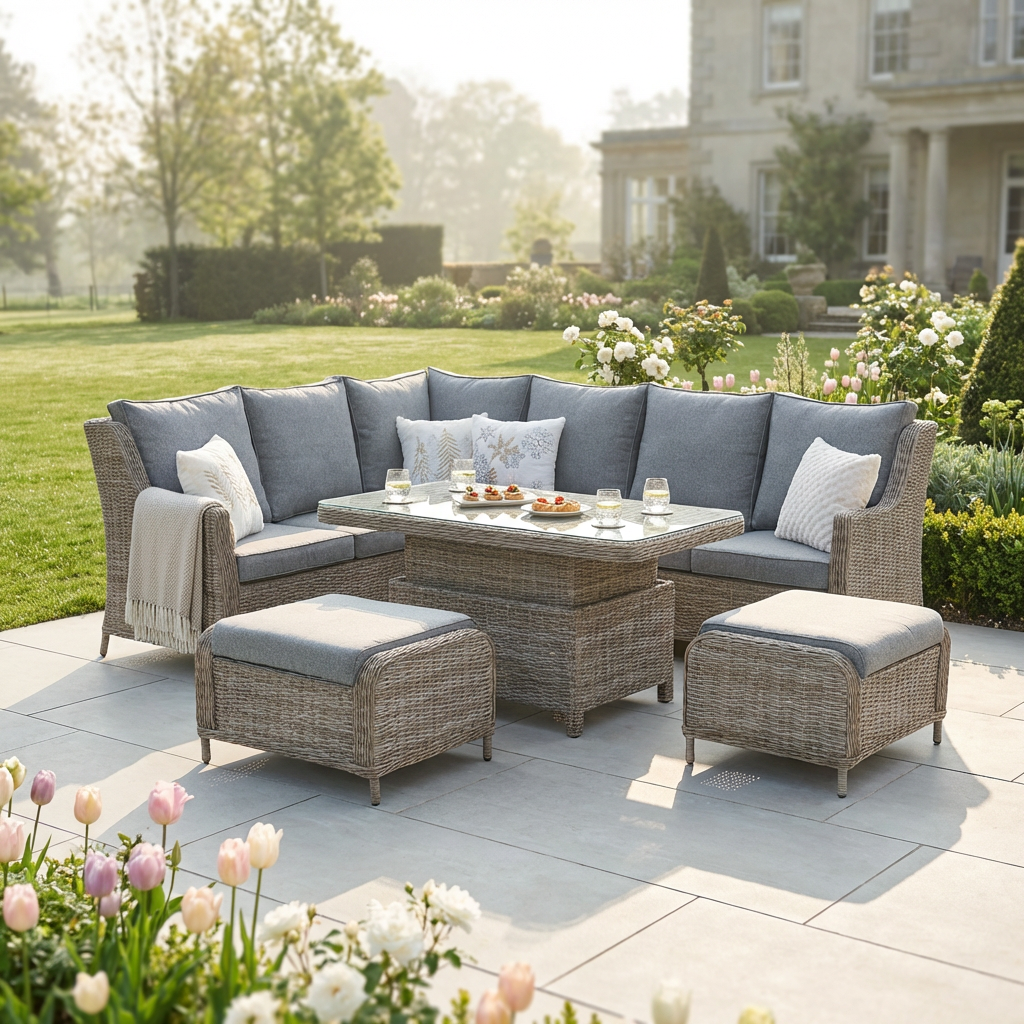 L Corner Sofa Set with 2 Stools & Height Adjustable Table