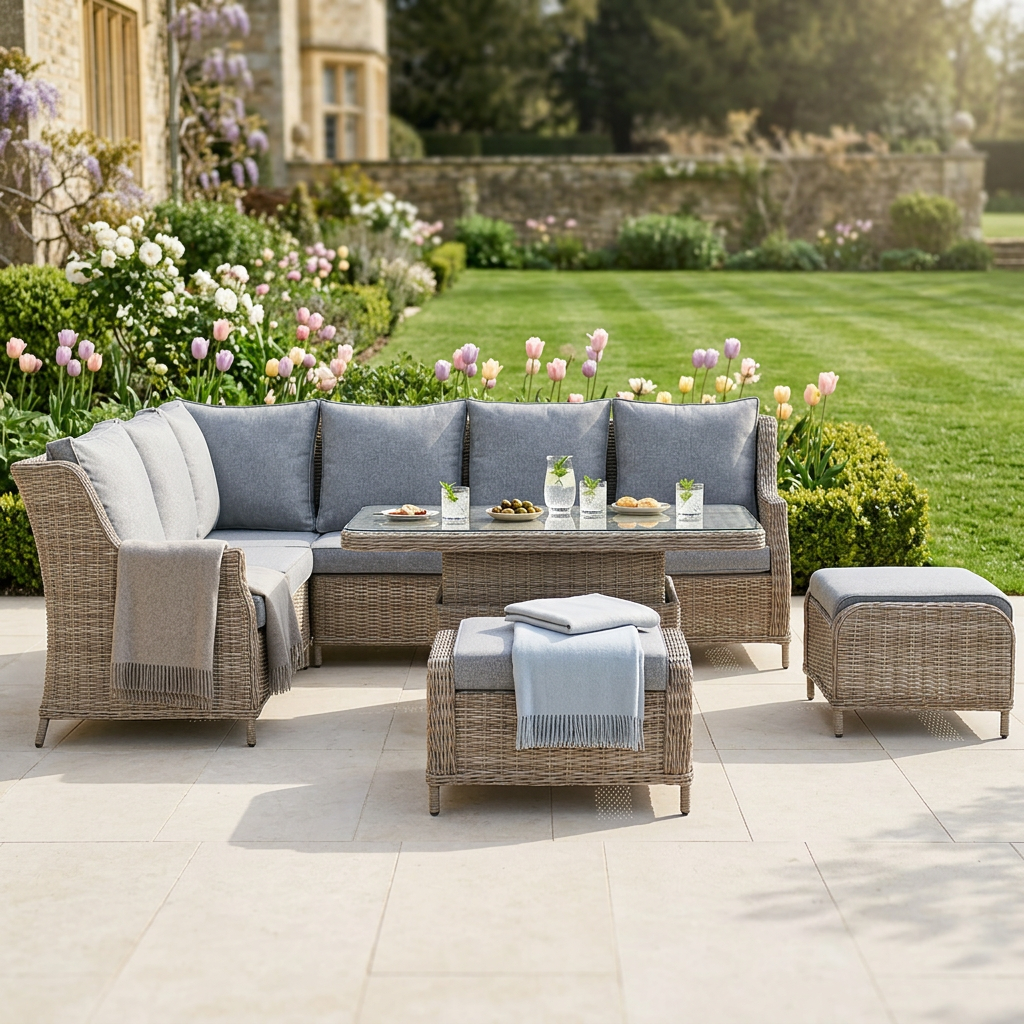 L Corner Sofa Set with 2 Stools & Height Adjustable Table