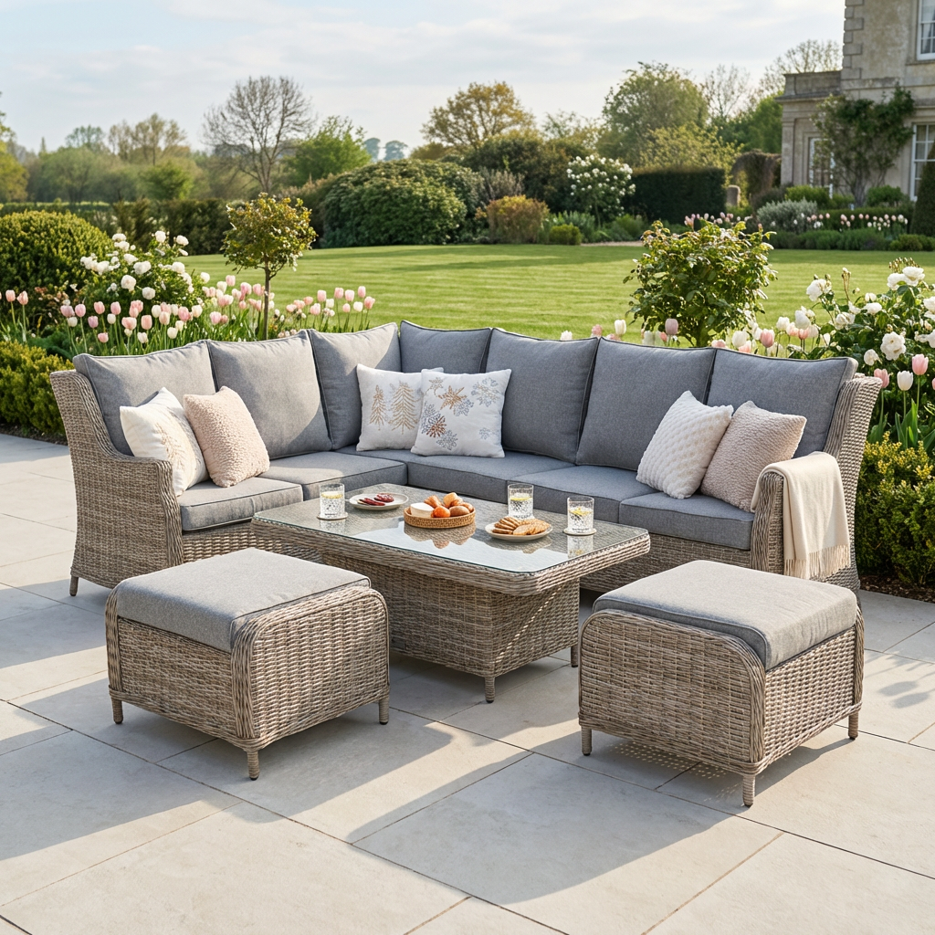 L Corner Sofa Set with 2 Stools & Height Adjustable Table