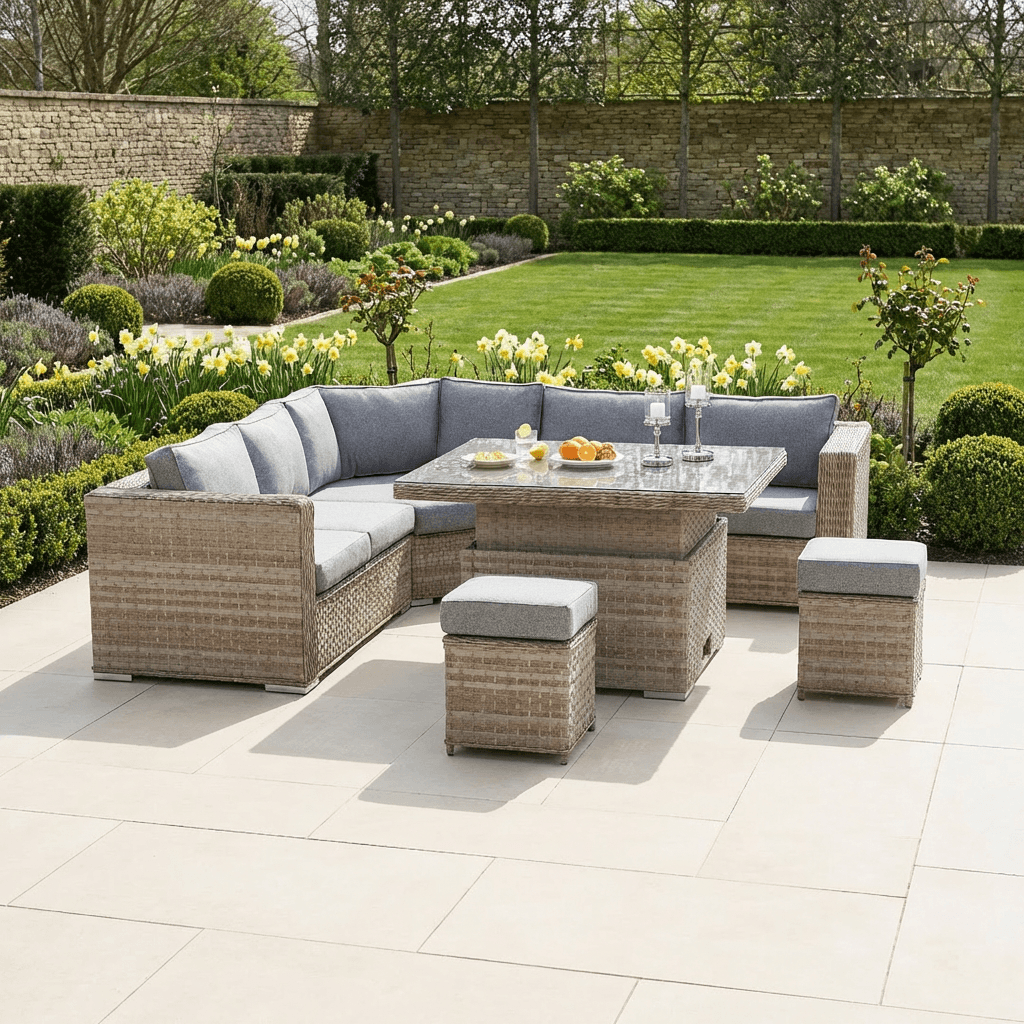 50p Corner Sofa Set with 2 Stools & Height Adjustable Table