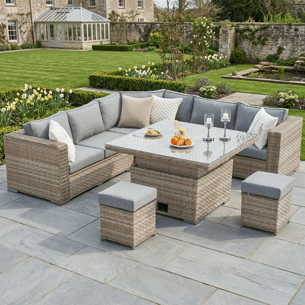 50p Corner Sofa Set with 2 Stools & Height Adjustable Table