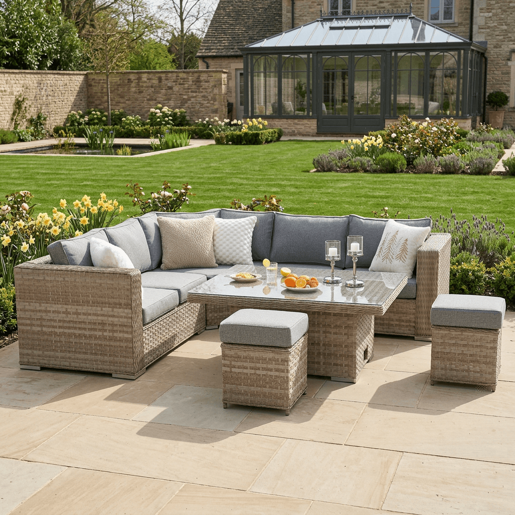50p Corner Sofa Set with 2 Stools & Height Adjustable Table