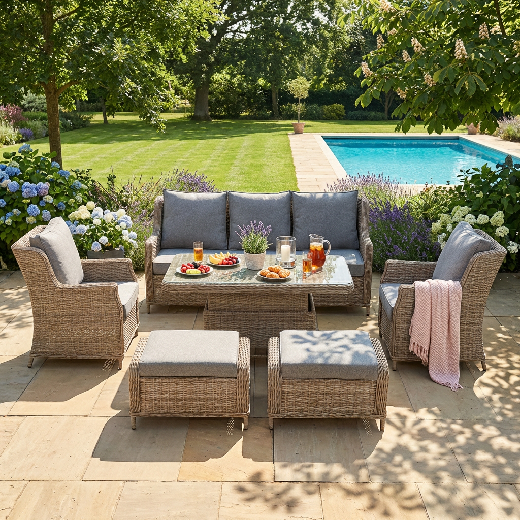 3-Seater Sofa Set with 2 Armchairs, 2 Stools & Height Adjustable Table