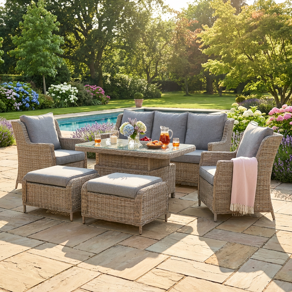 3-Seater Sofa Set with 2 Armchairs, 2 Stools & Height Adjustable Table