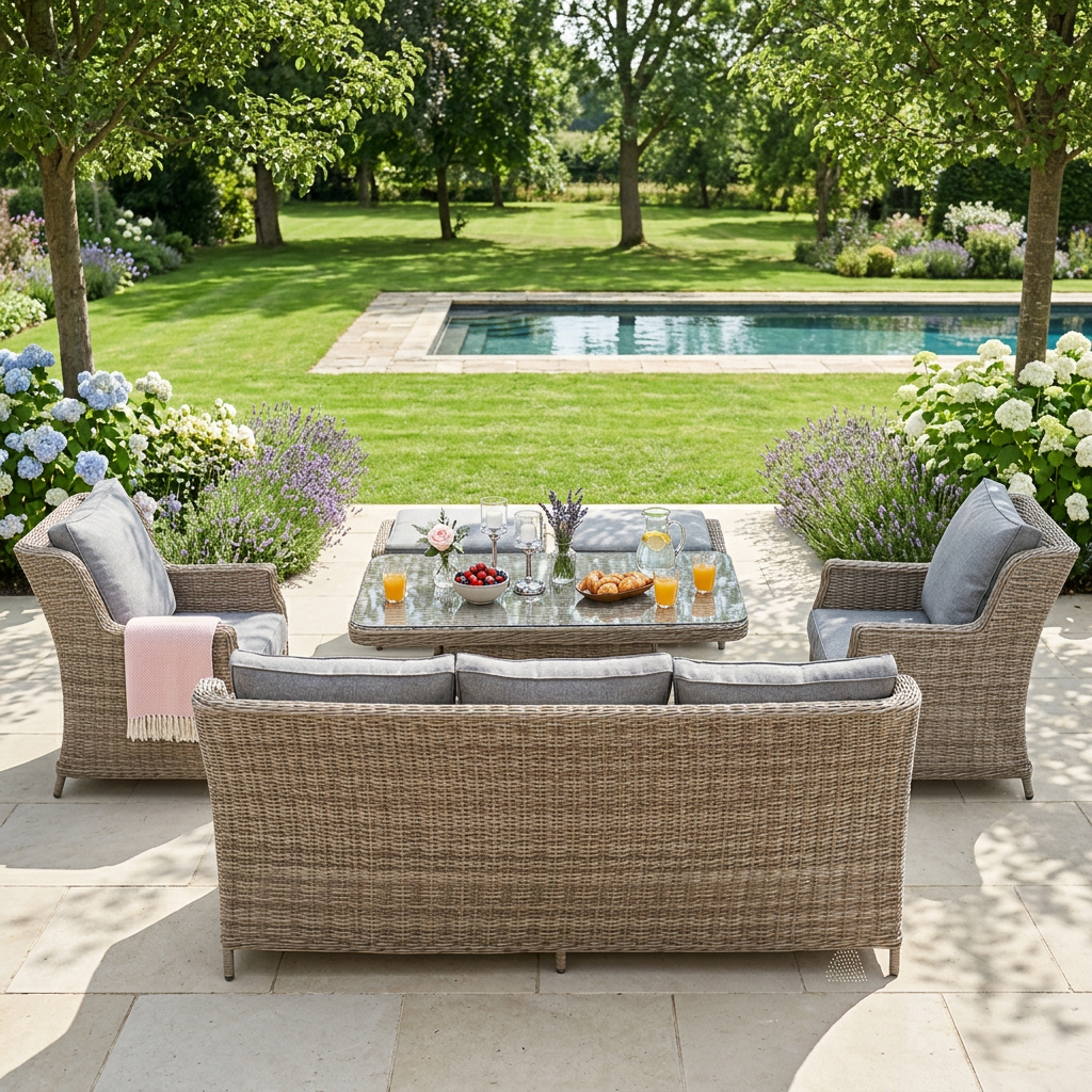 3-Seater Sofa Set with 2 Armchairs, 2 Stools & Height Adjustable Table