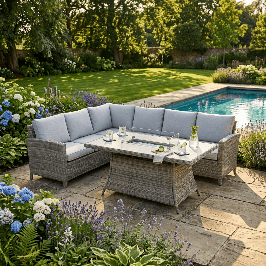 L Corner Sofa Set with Firepit Table
