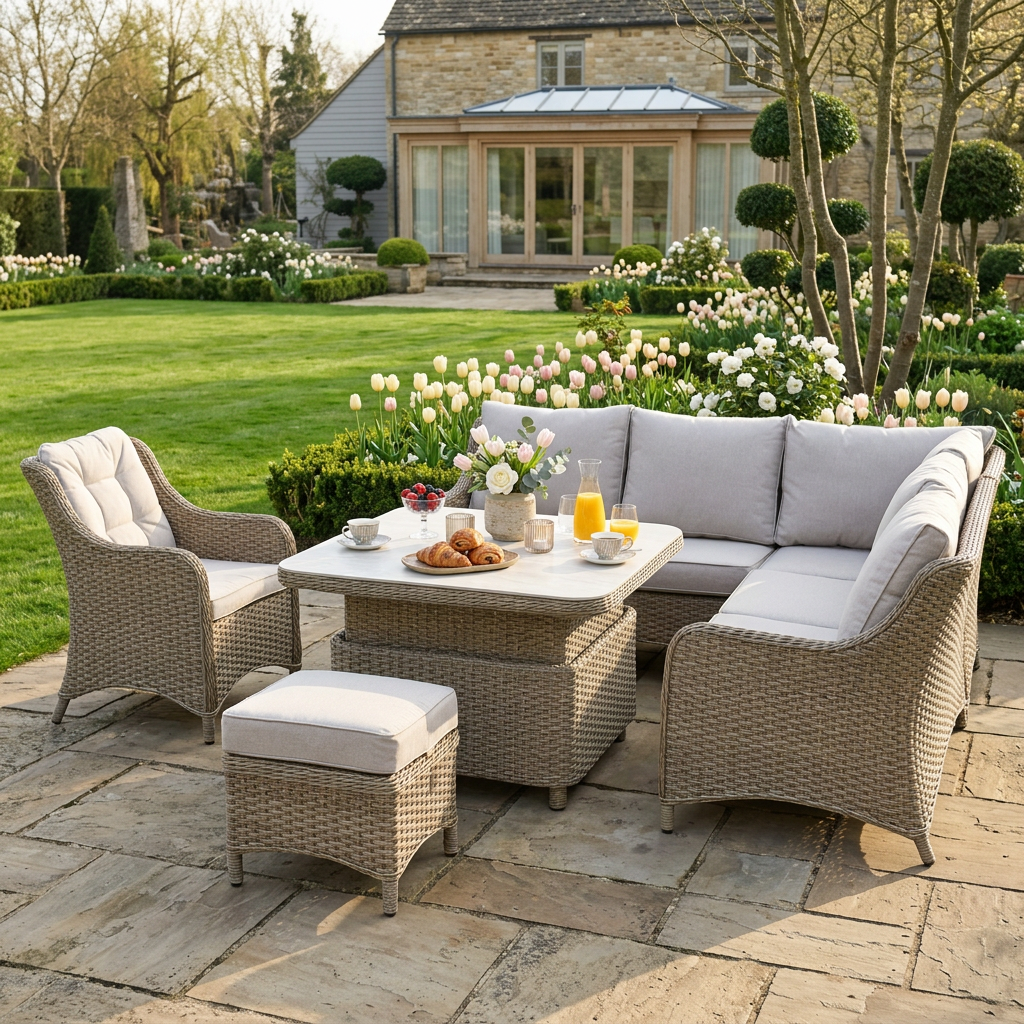 Large Square Corner Sofa Set with Stool & Armchair, Piston Height Adjustable Table
