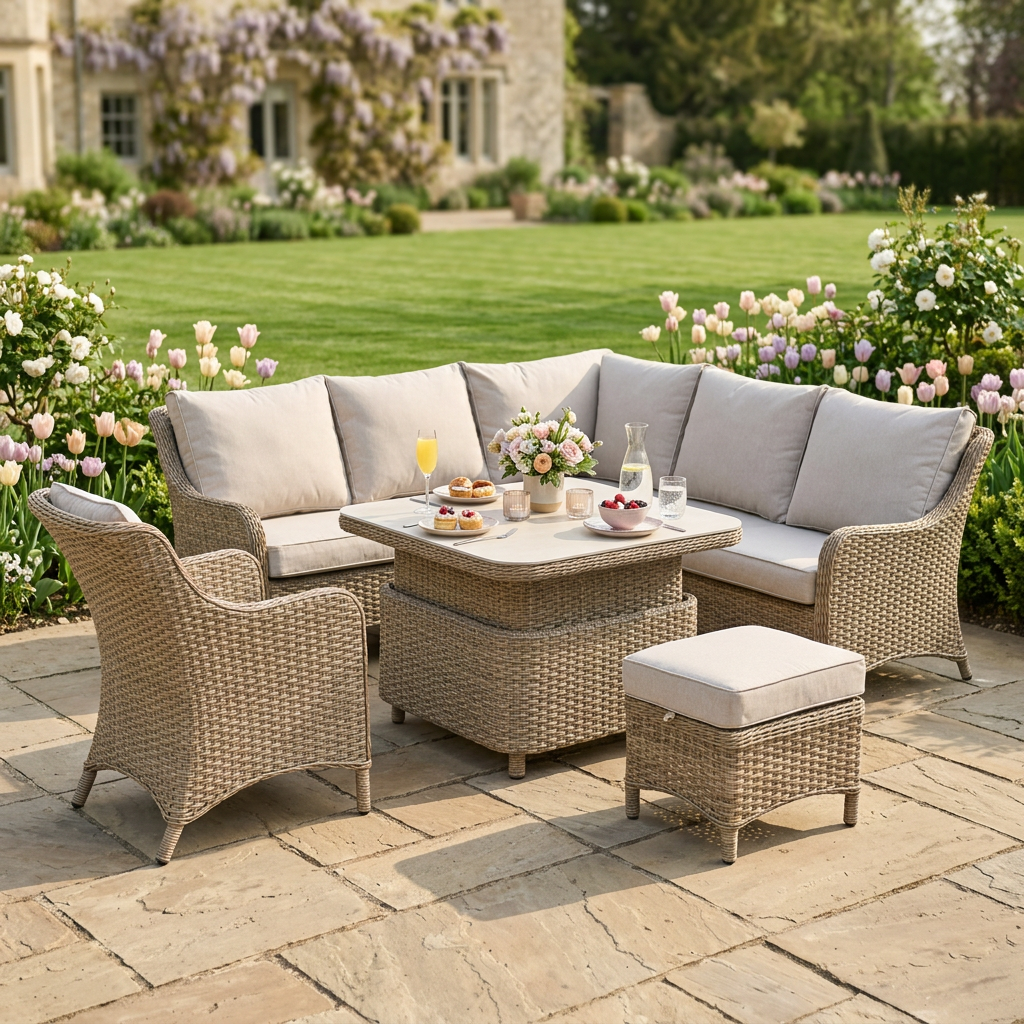 Large Square Corner Sofa Set with Stool & Armchair, Piston Height Adjustable Table