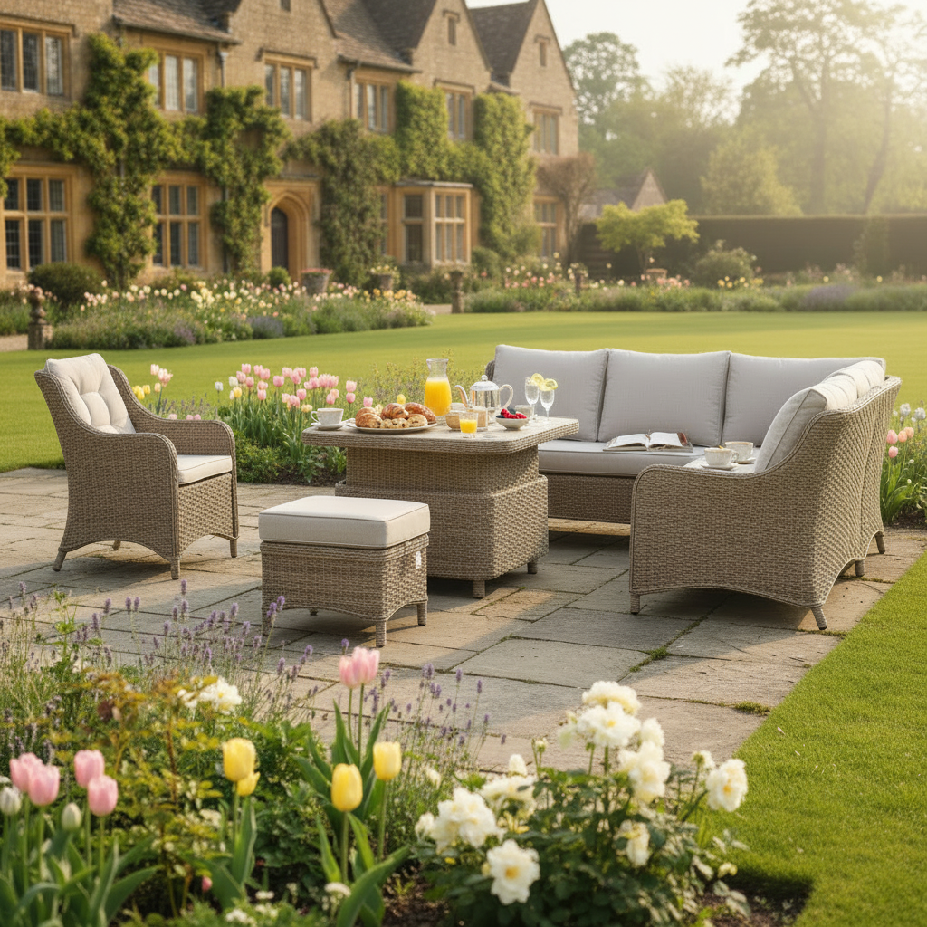 Large Square Corner Sofa Set with Stool & Armchair, Piston Height Adjustable Table