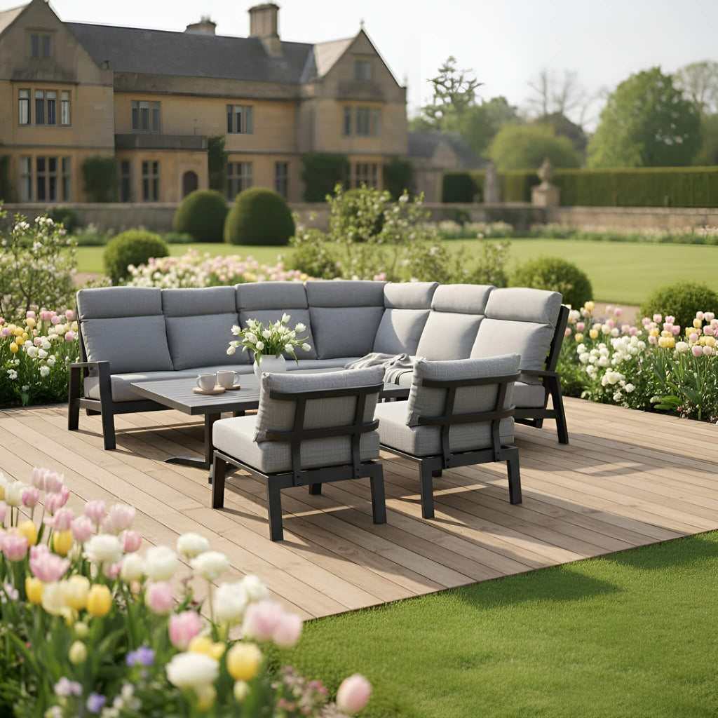 Reclining L Corner Sofa Set with 2 Stools & Piston Height Adjustable Table