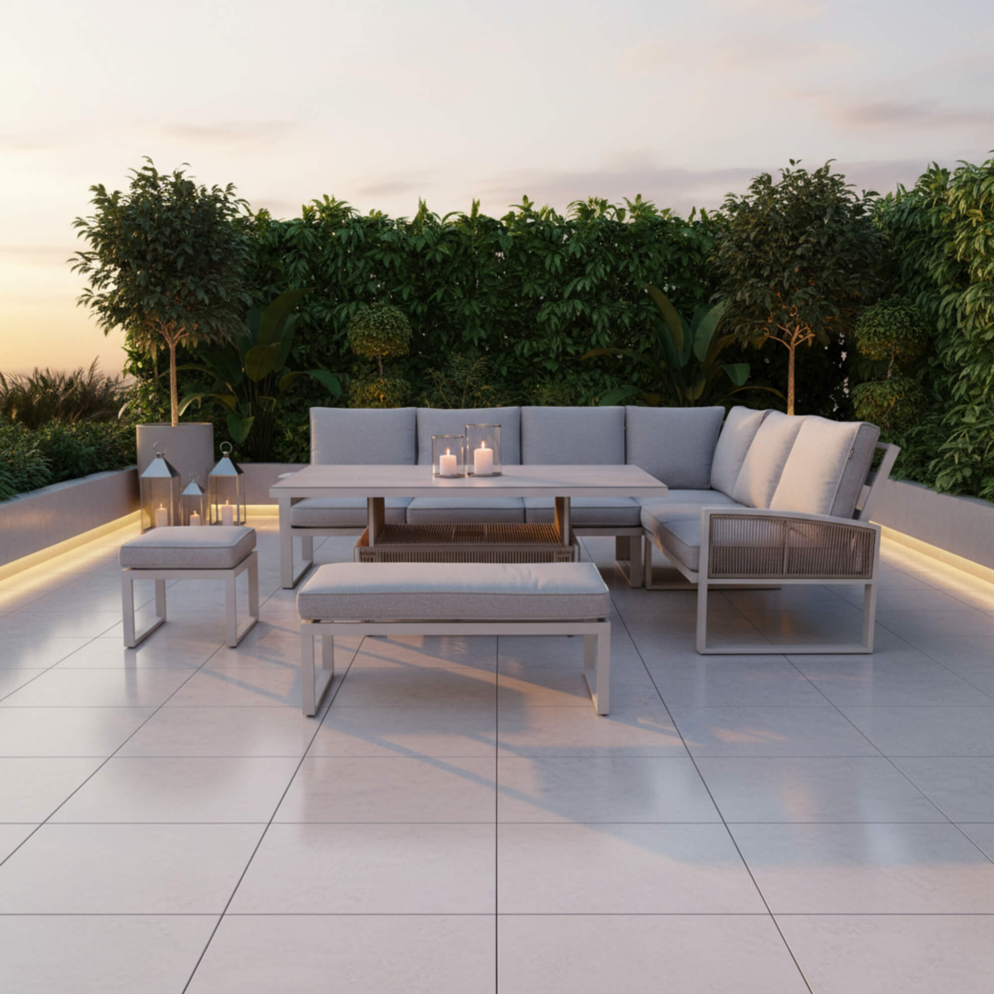 L Corner Sofa Set with Bench, Stool & Height Adjustable Table