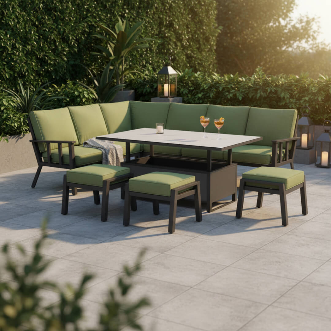 L Corner Sofa Set with 3 Stools & Height Adjustable Table