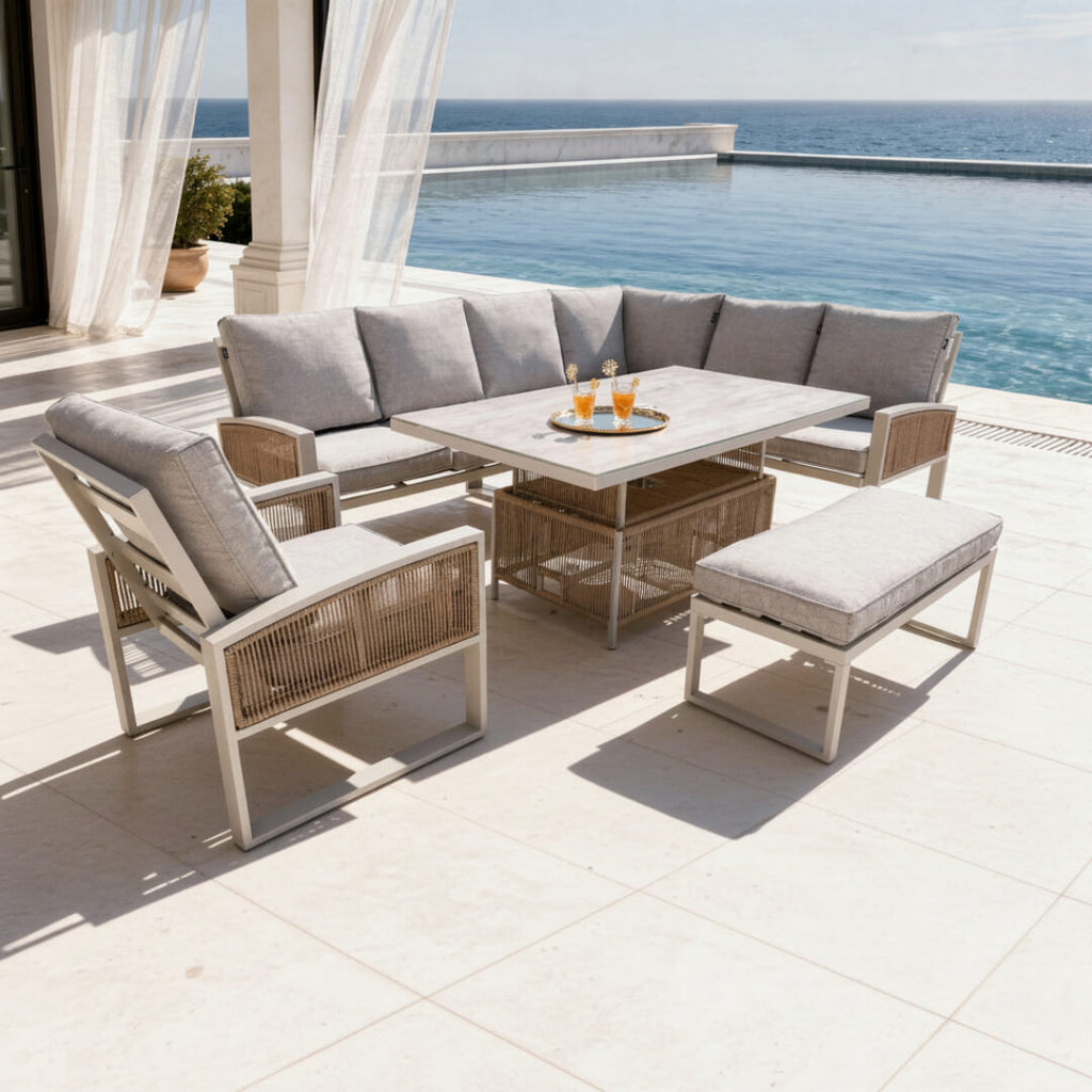 L Corner Sofa Set with Armchair, Bench & Height Adjustable Table