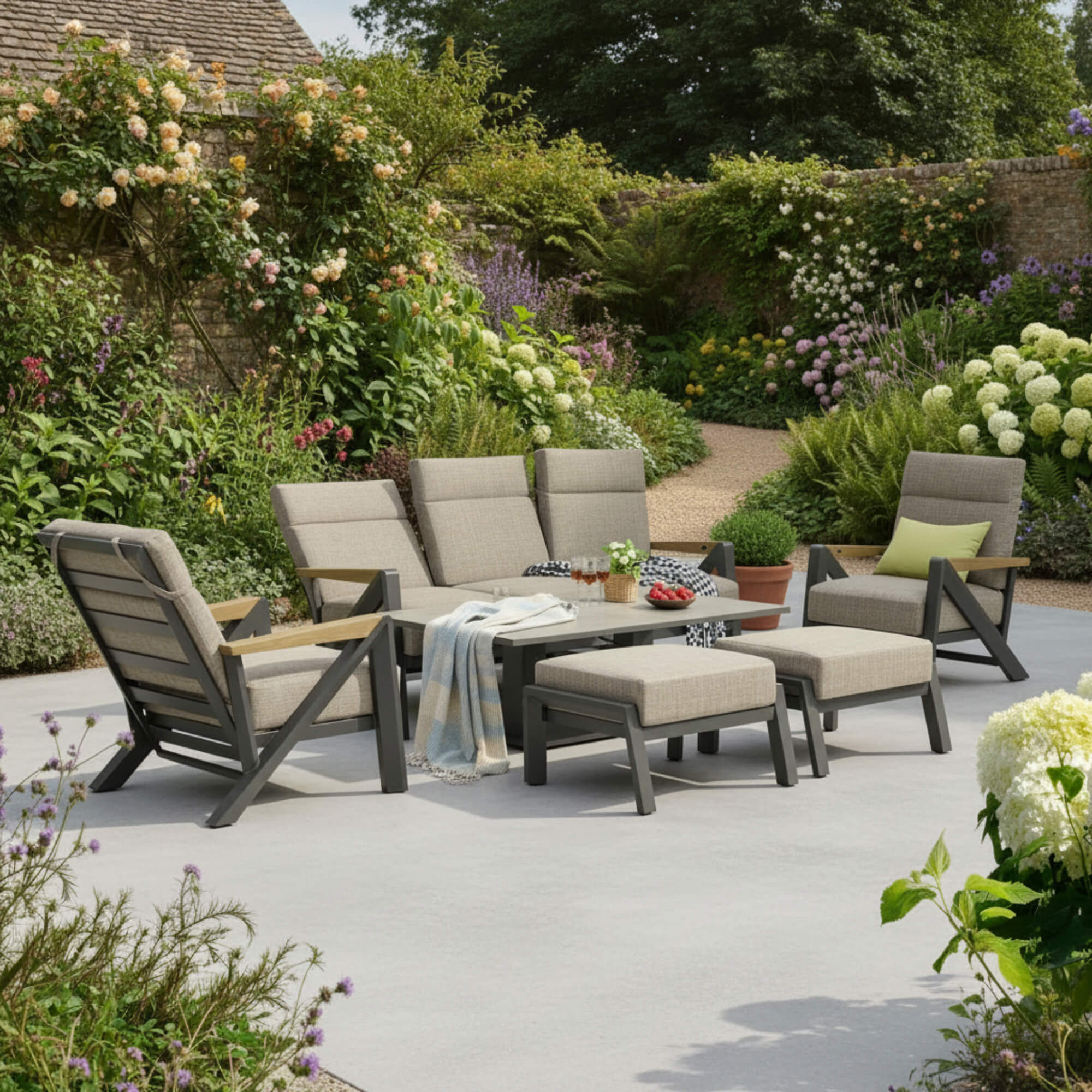 Reclining L Corner Sofa Set with Reclining Armchair, 2 Stools & Height Adjustable Table