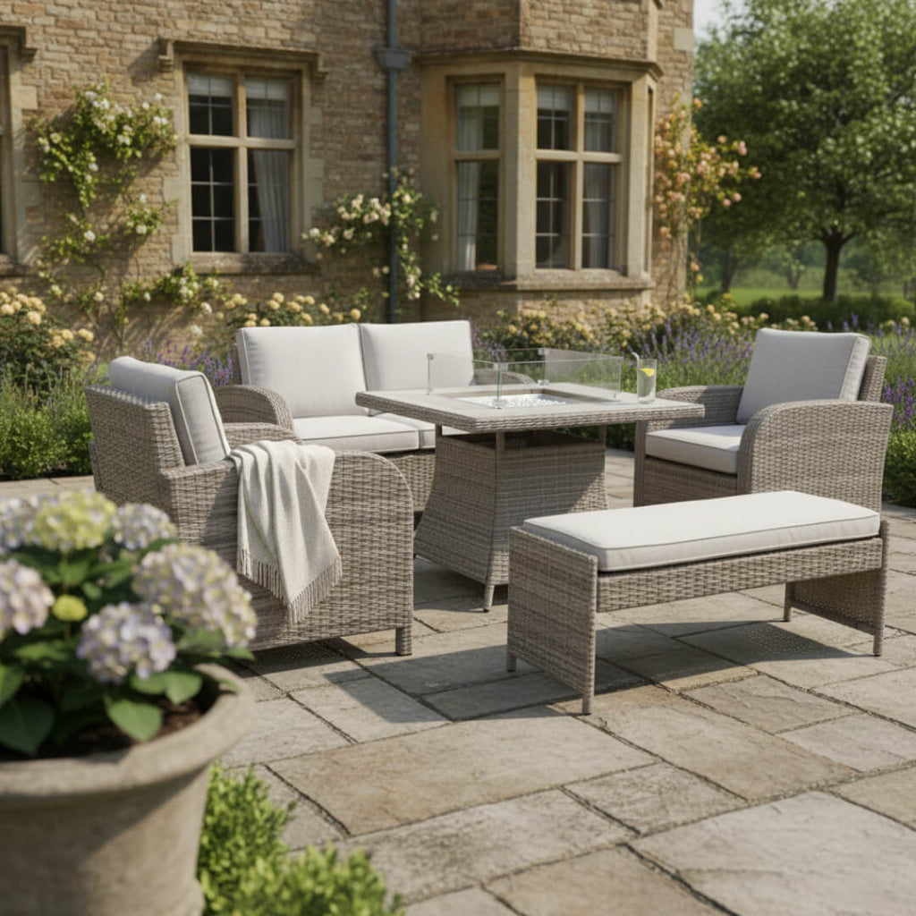 2-Seater Sofa Set with 2 Armchairs & Firepit Table