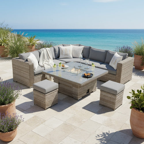 50p Corner Sofa Set with 2 Stools & Firepit Table