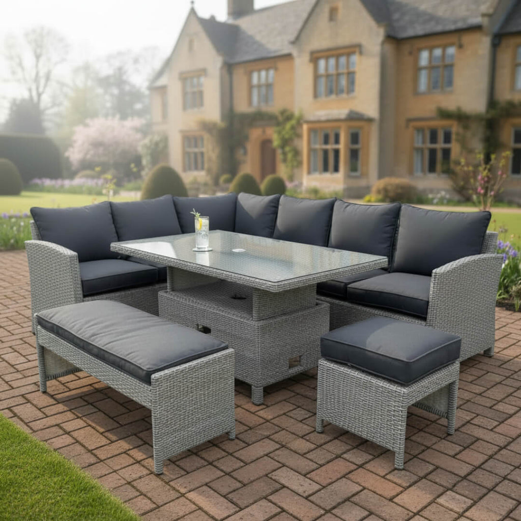 L Corner Sofa Set with Bench, Stool & Height Adjustable Table