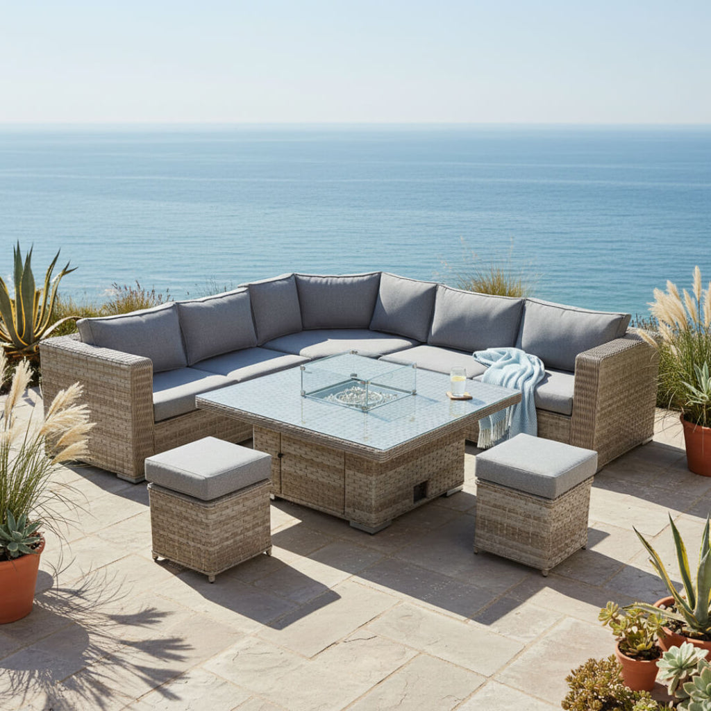 50p Corner Sofa Set with 2 Stools & Firepit Table