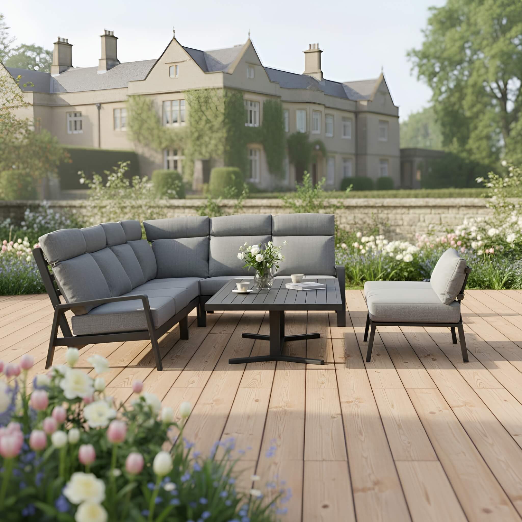 Reclining L Corner Sofa Set with 2 Stools & Piston Height Adjustable Table