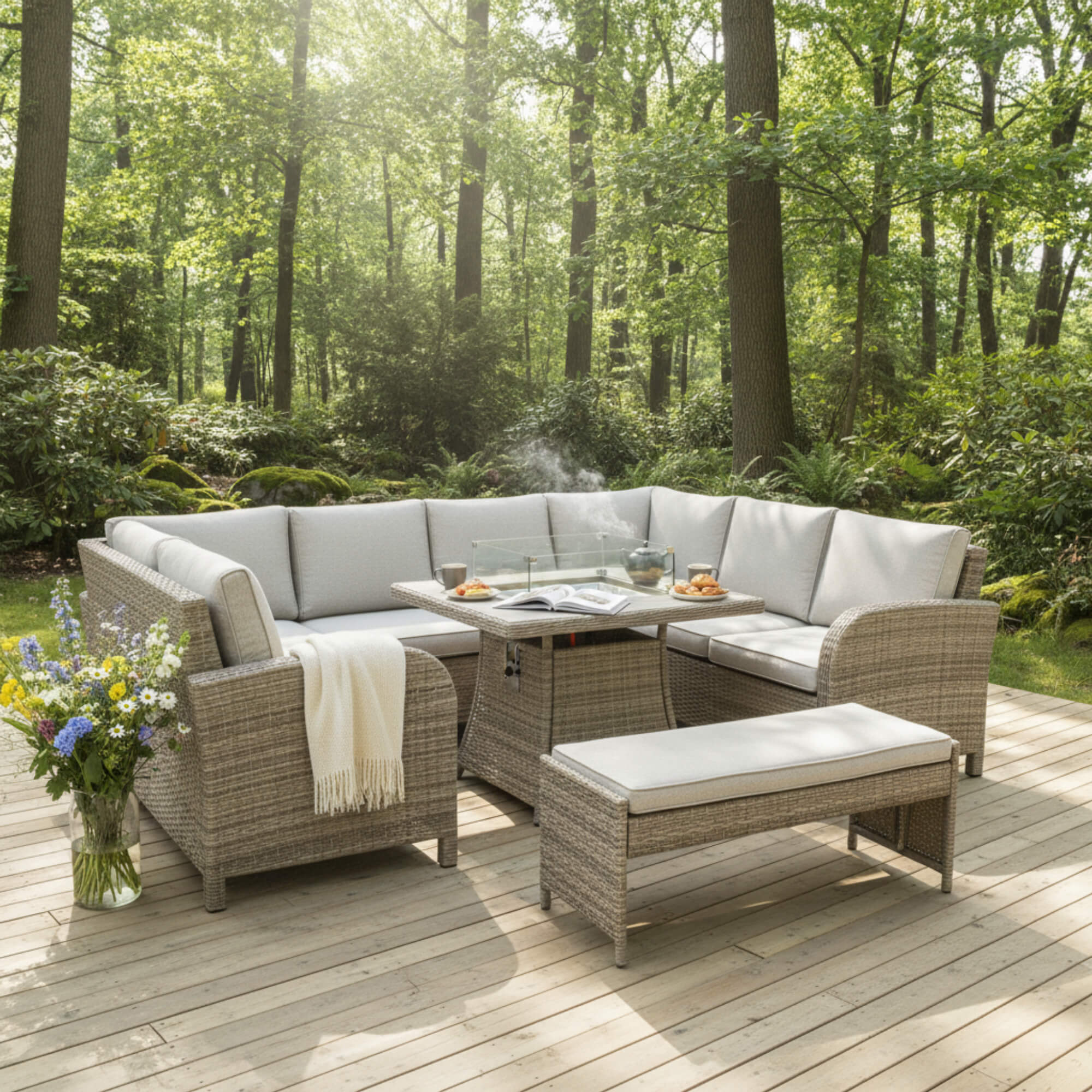 U Shaped Corner Sofa Set with Firepit Table