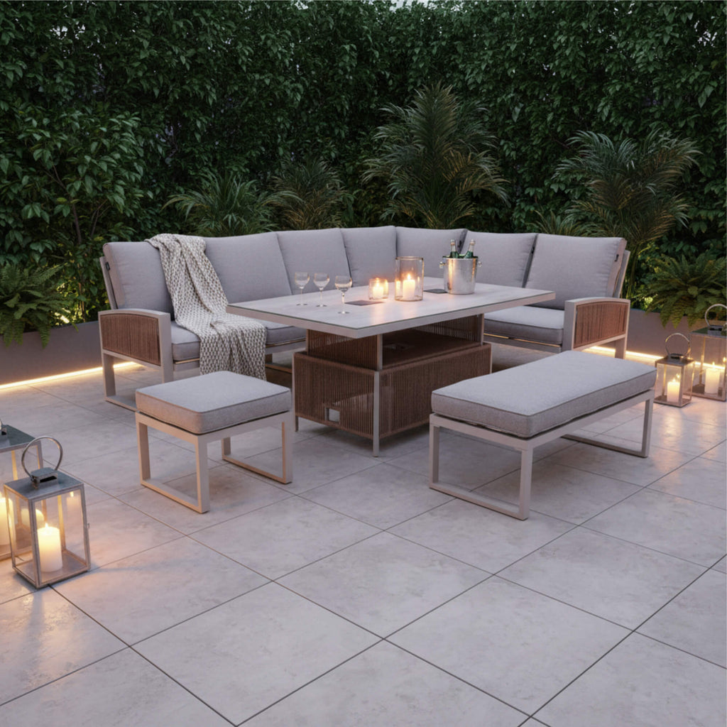 L Corner Sofa Set with Bench, Stool & Height Adjustable Table