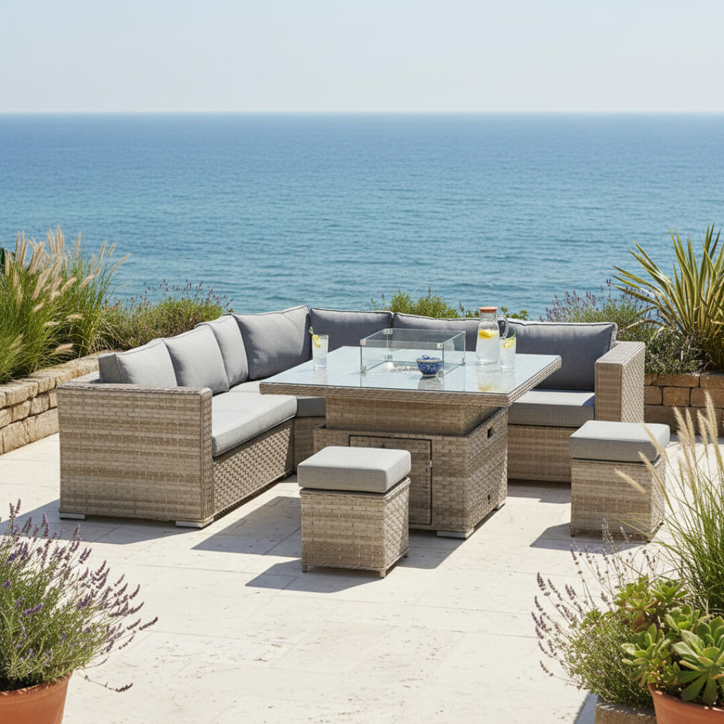 50p Corner Sofa Set with 2 Stools & Firepit Table