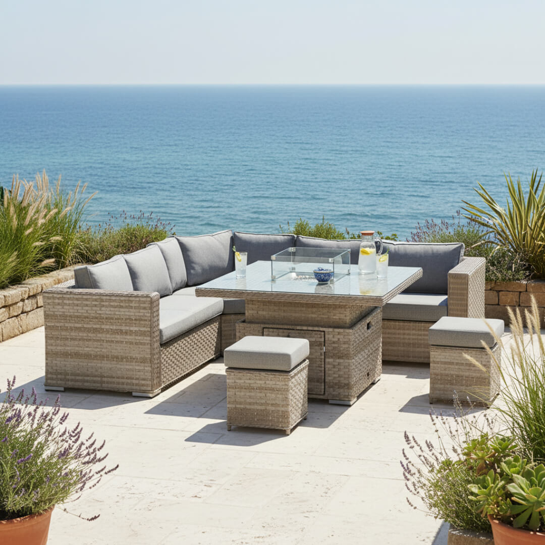 50p Corner Sofa Set with 2 Stools & Firepit Table