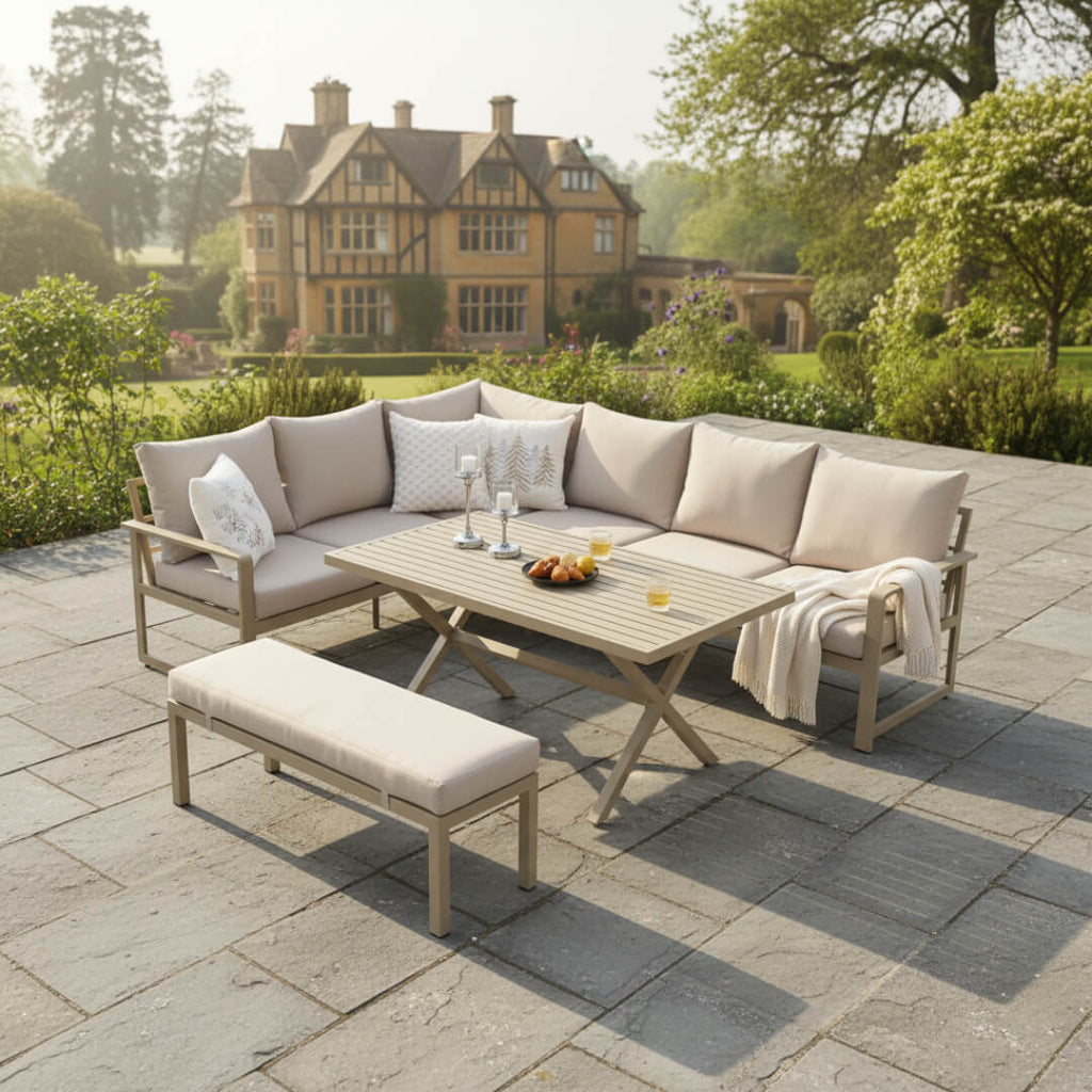 L Corner Sofa Set with Bench, X-leg Dining Table