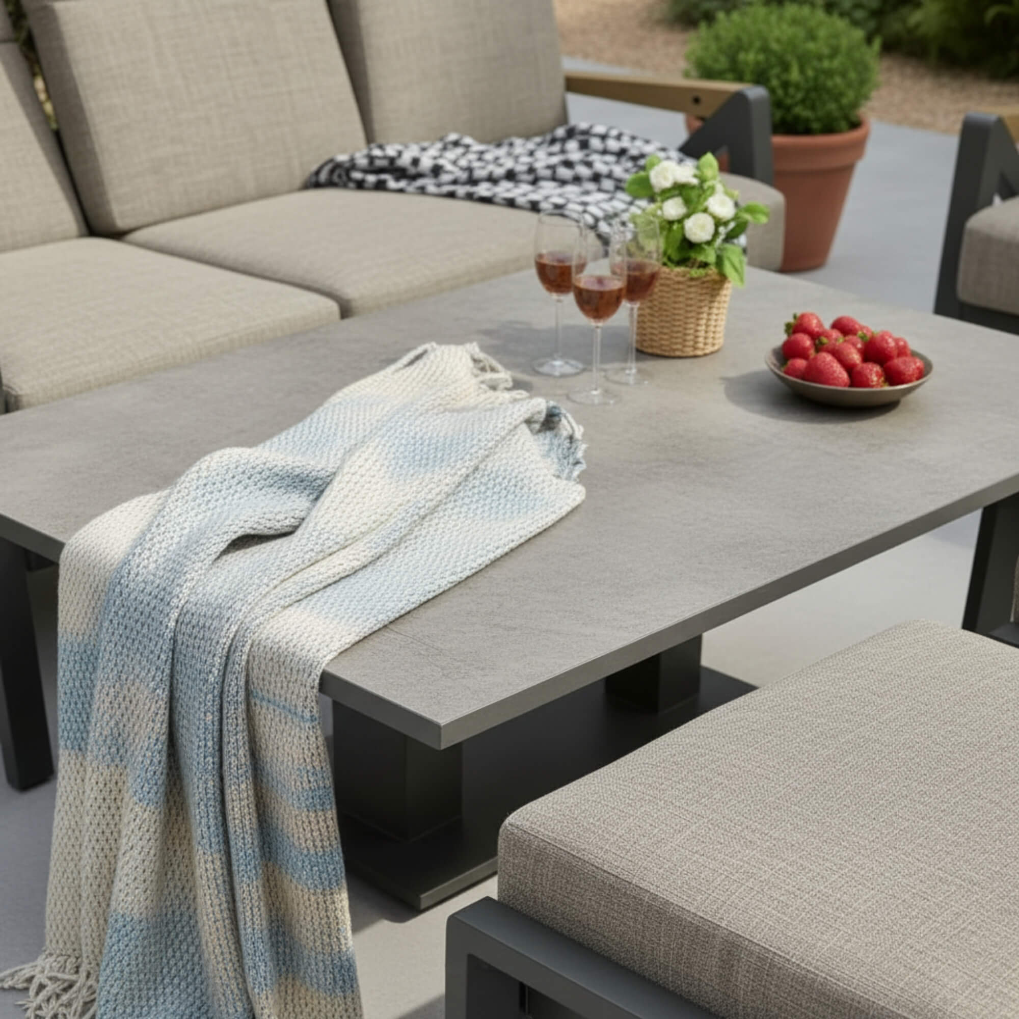 Reclining L Corner Sofa Set with Reclining Armchair, 2 Stools & Height Adjustable Table