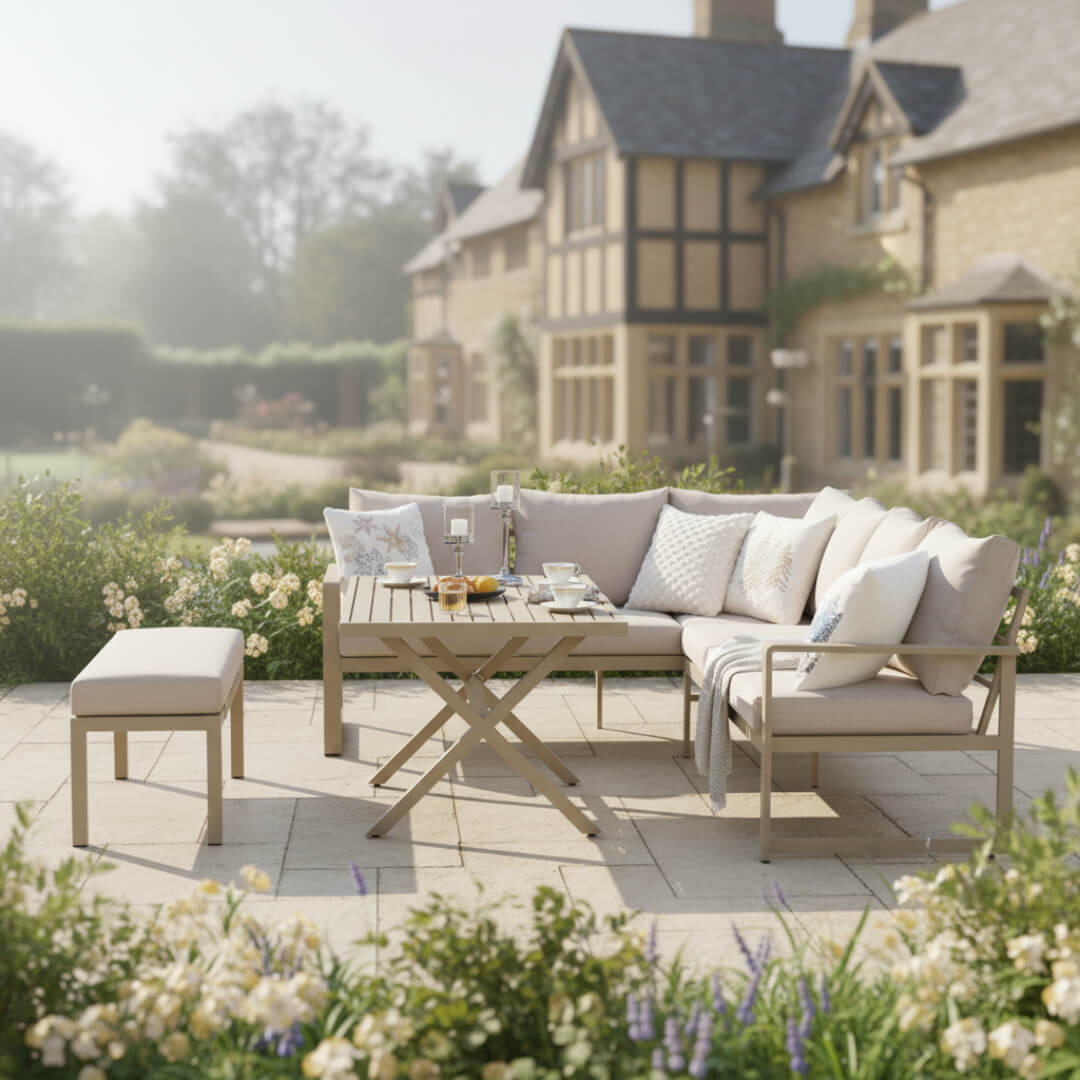 L Corner Sofa Set with Bench, X-leg Dining Table